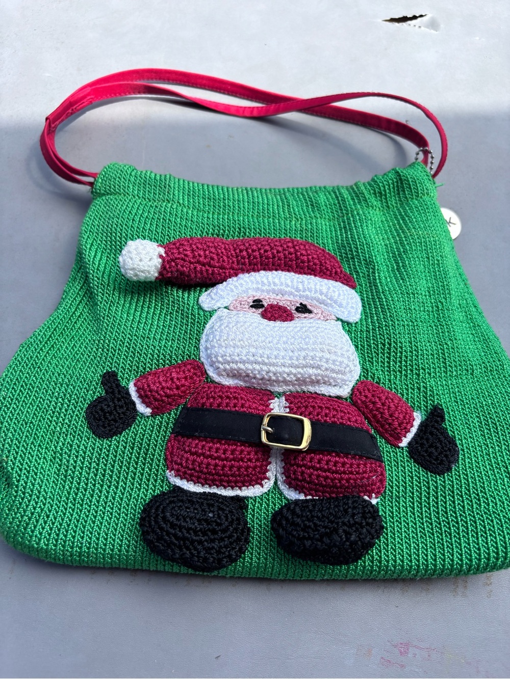 The Sak Santa Claus Crochet Shoulder Bag Green Knit Tote Purse Bag Satin Handle